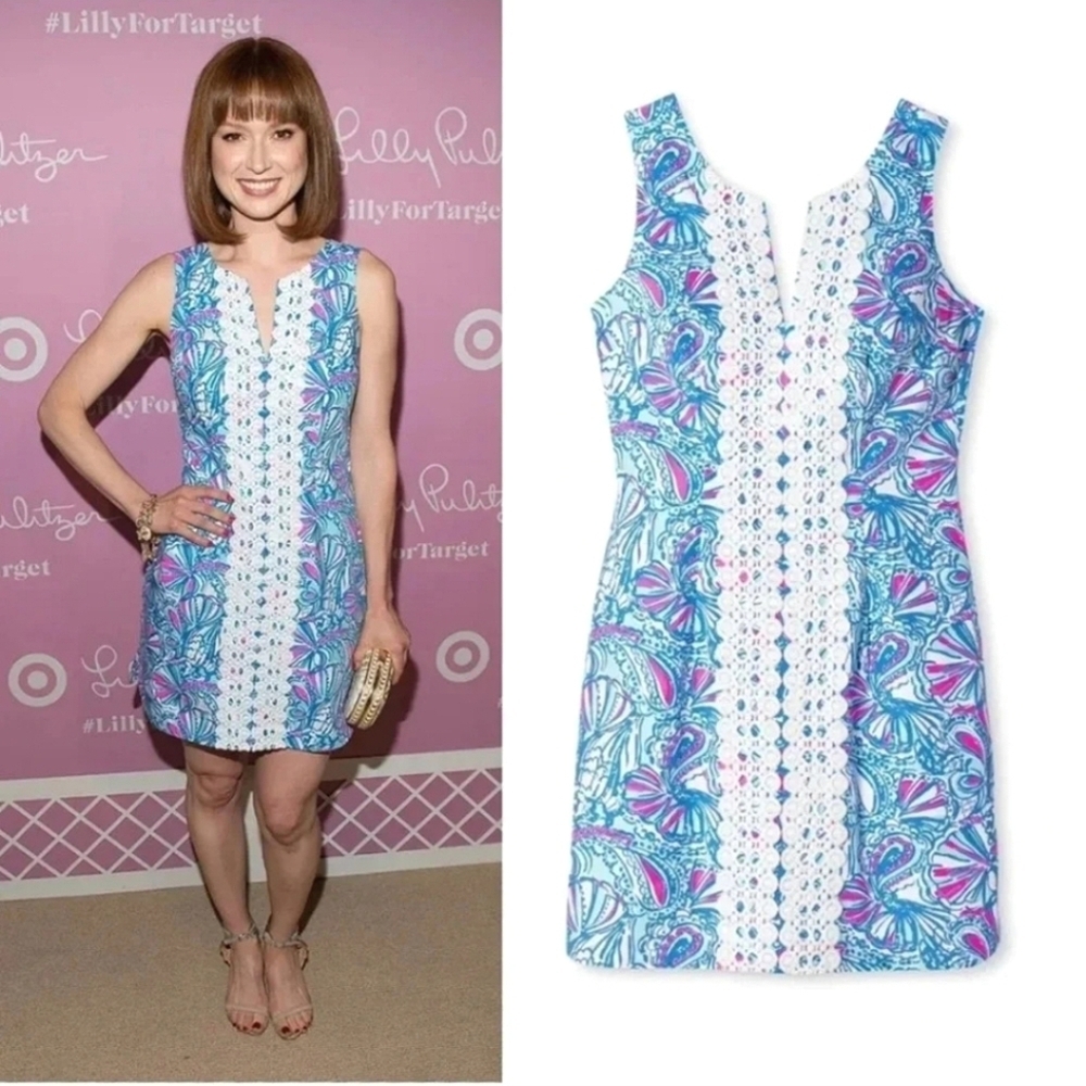 Lilly Pulitzer Shift Mini Dress Blue & Pink Split Neck W/ Eyelet Trim Preppy